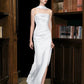 Unique Sheath Strapless Satin Slit White Wedding Dresses With Ribbon C1672