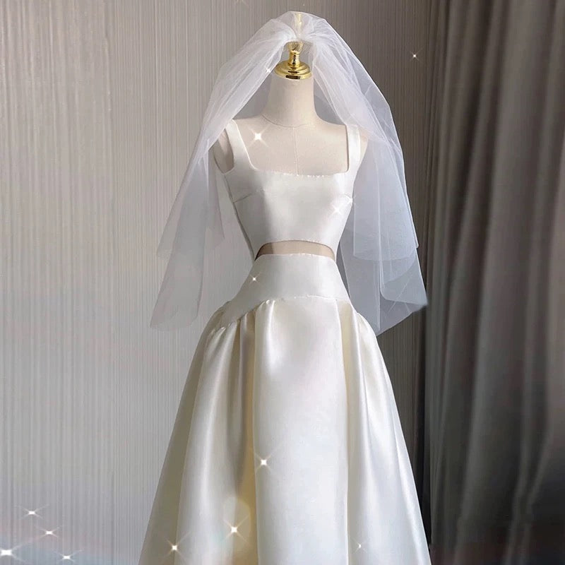 Unique High Low Straps Satin Long White Wedding Dresses C1675