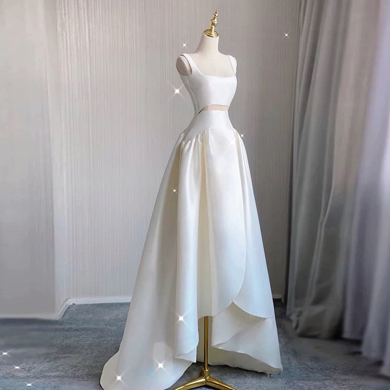 Unique High Low Straps Satin Long White Wedding Dresses C1675