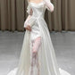 Unique Sheath Off The Shoulder Satin Long Sleeves White Slit Wedding Dresses C1677