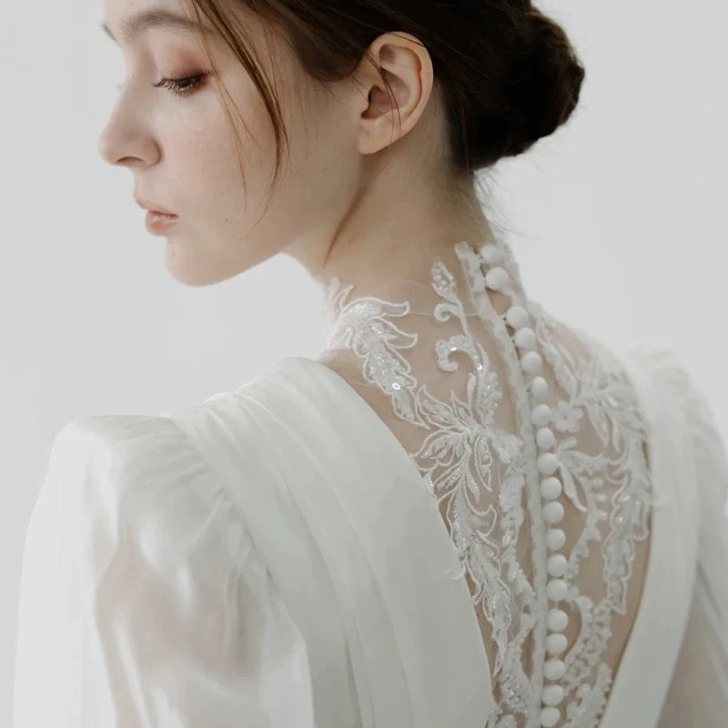 Chic A line High Neckline Lace Long Sleeves White Wedding Dresses C1679