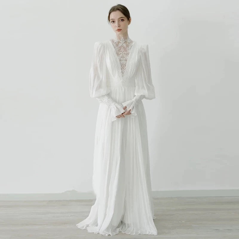 Chic A line High Neckline Lace Long Sleeves White Wedding Dresses C1679
