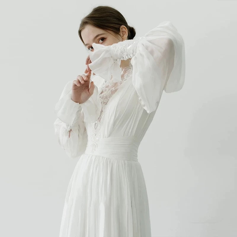 Chic A line High Neckline Lace Long Sleeves White Wedding Dresses C1679