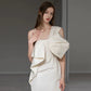 Sexy Sheath One Shoulder Satin Long White Wedding Dresses With Bow C1683