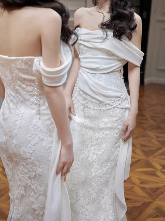 Sexy Sheath Off The Shoulder Lace Long White Wedding Dresses With Ribbon C1685