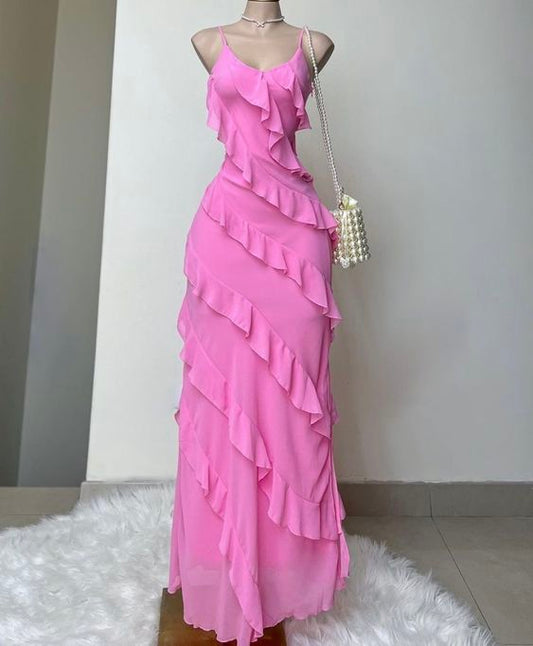 Elegant Sheath Spaghetti Straps Chiffon Pink Long Prom Dresses C1686