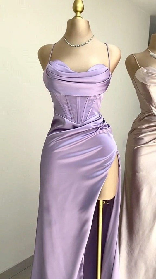 Modest Sheath Straps Satin Slit Prom Dress Long Evening Dresses With Ruffles C1688