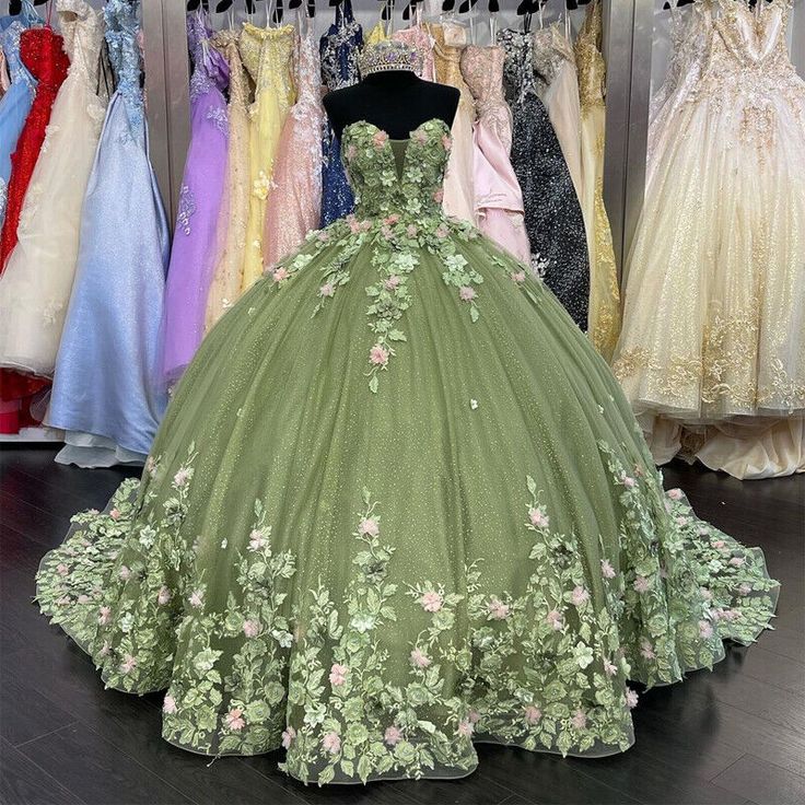 Modest Ball Gown Sweetheart Tulle Long Sage Green Formal Sweet 16 Dres BlingDress Modest Ball Gown Sweetheart Tulle Long Sage Green Formal Sweet 16 Dres BlingDress