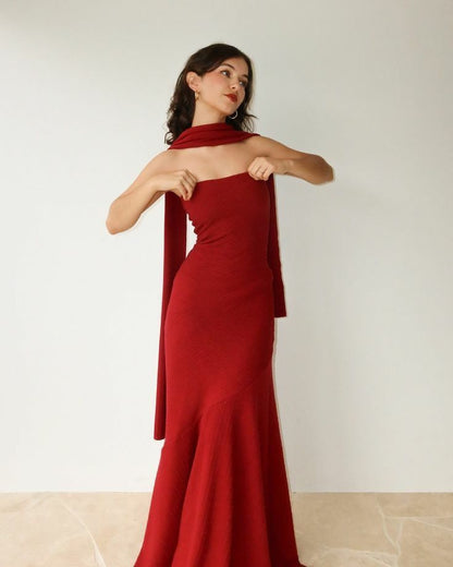 Modest Mermaid Strapless Red Long Prom Dress Evening Dresses With Ribbon C1707