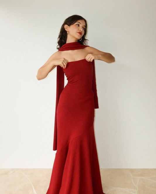 Modest Mermaid Strapless Red Long Prom Dress Evening Dresses With Ribbon C1707