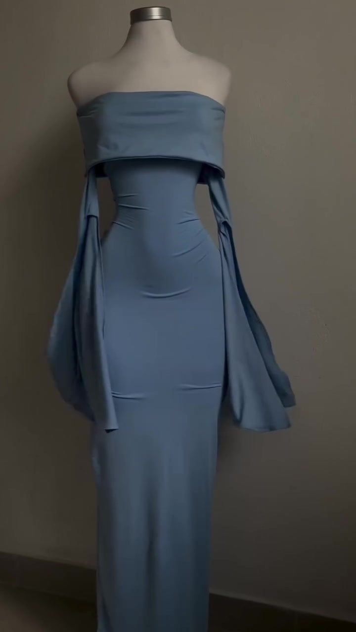 Modest Sheath Strapless Blue Long Sleeves Prom Dress Evening Dresses C1710