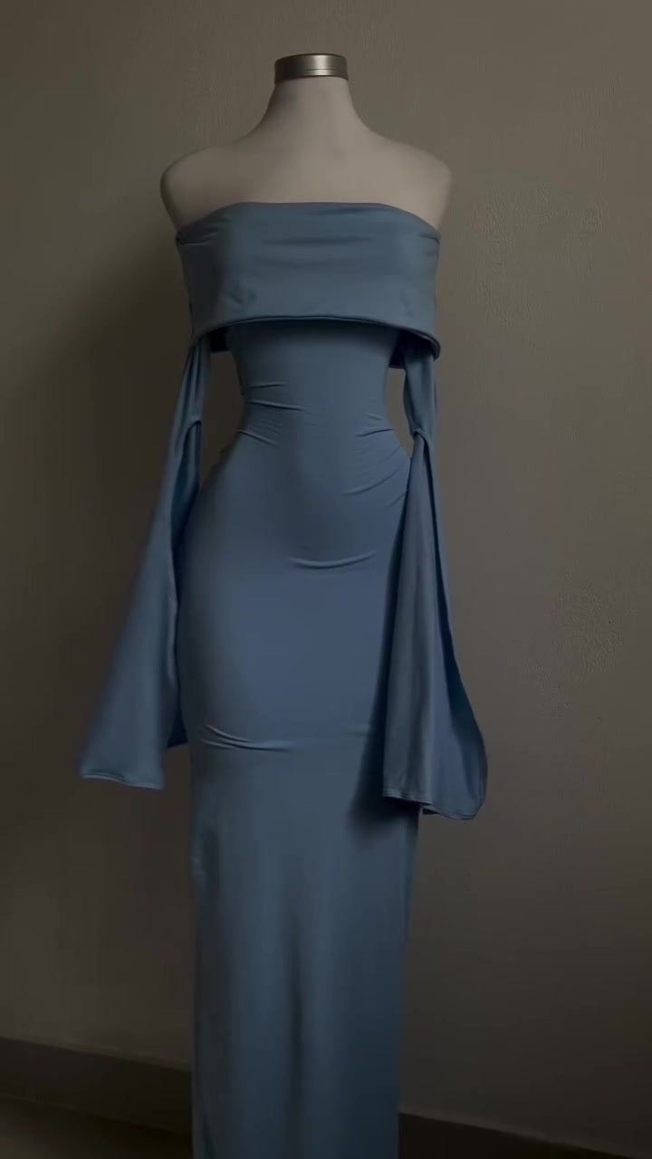 Modest Sheath Strapless Blue Long Sleeves Prom Dress Evening Dresses C1710