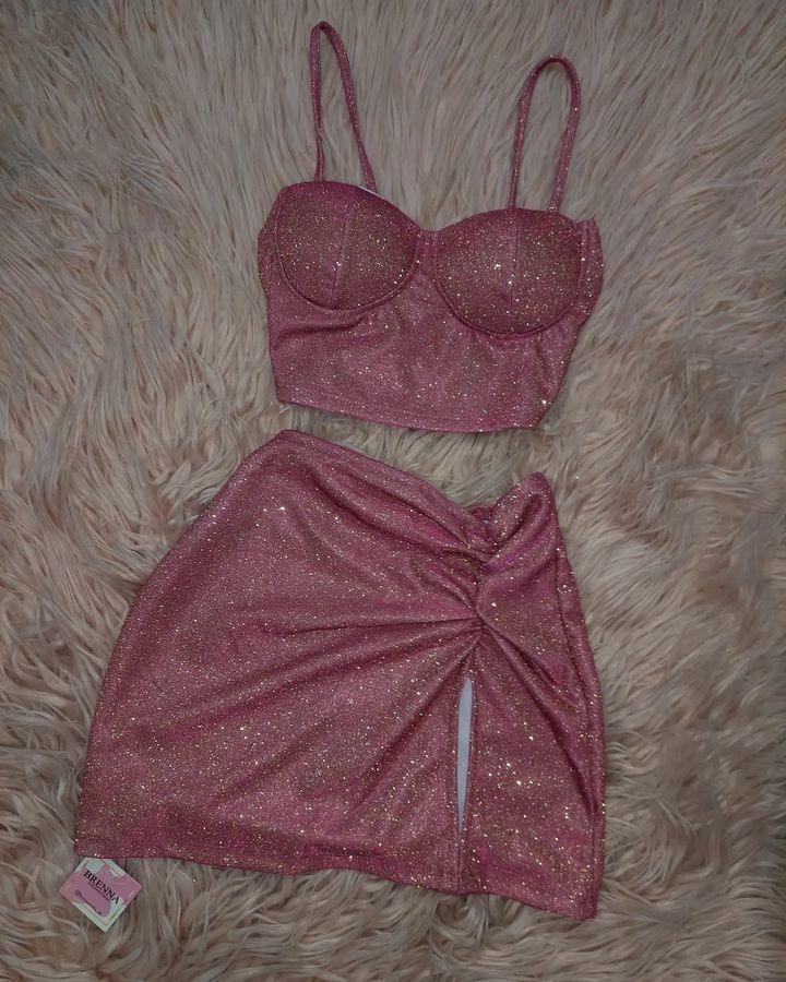 Robe de soirée courte sexy à bretelles en deux pièces rose C1713