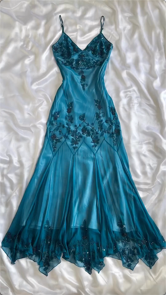 Modest Sheath Spaghetti Straps Chiffon Blue Prom Dress Party Dress With Beads C1765