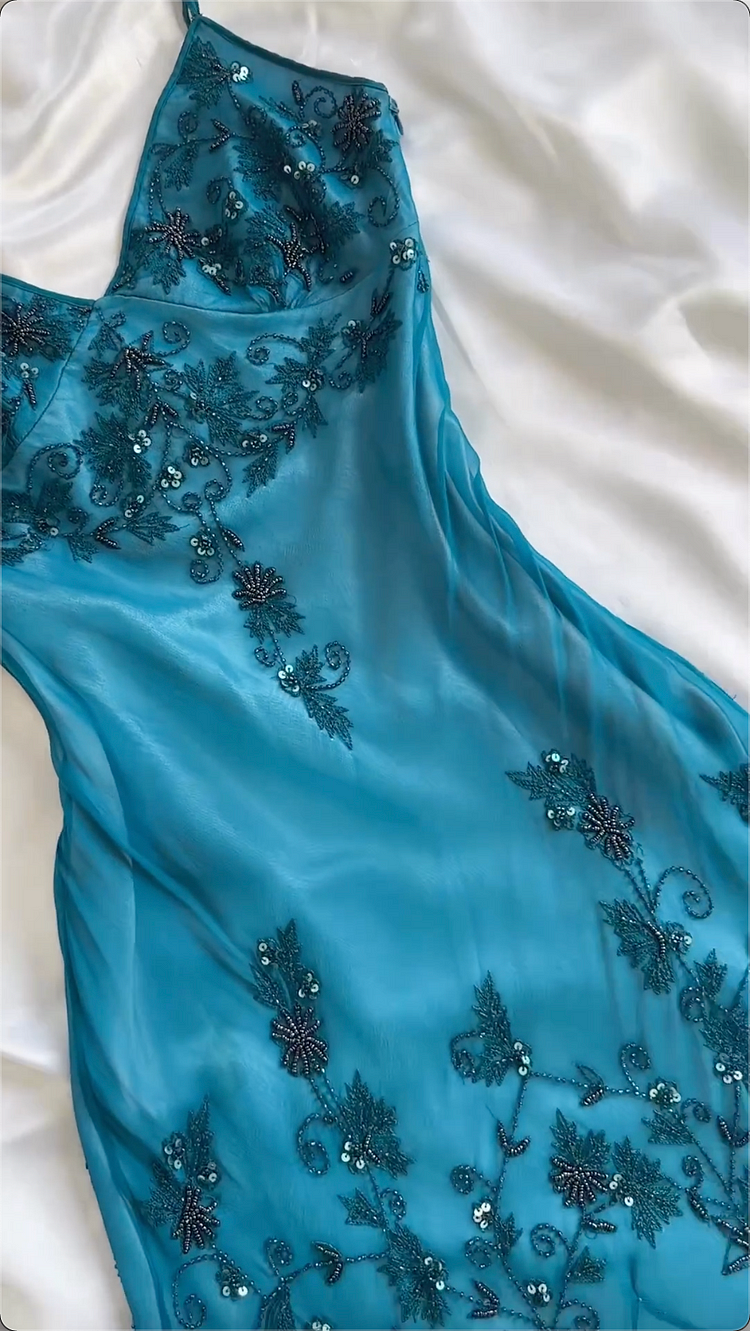 Modest Sheath Spaghetti Straps Chiffon Blue Prom Dress Party Dress With Beads C1765