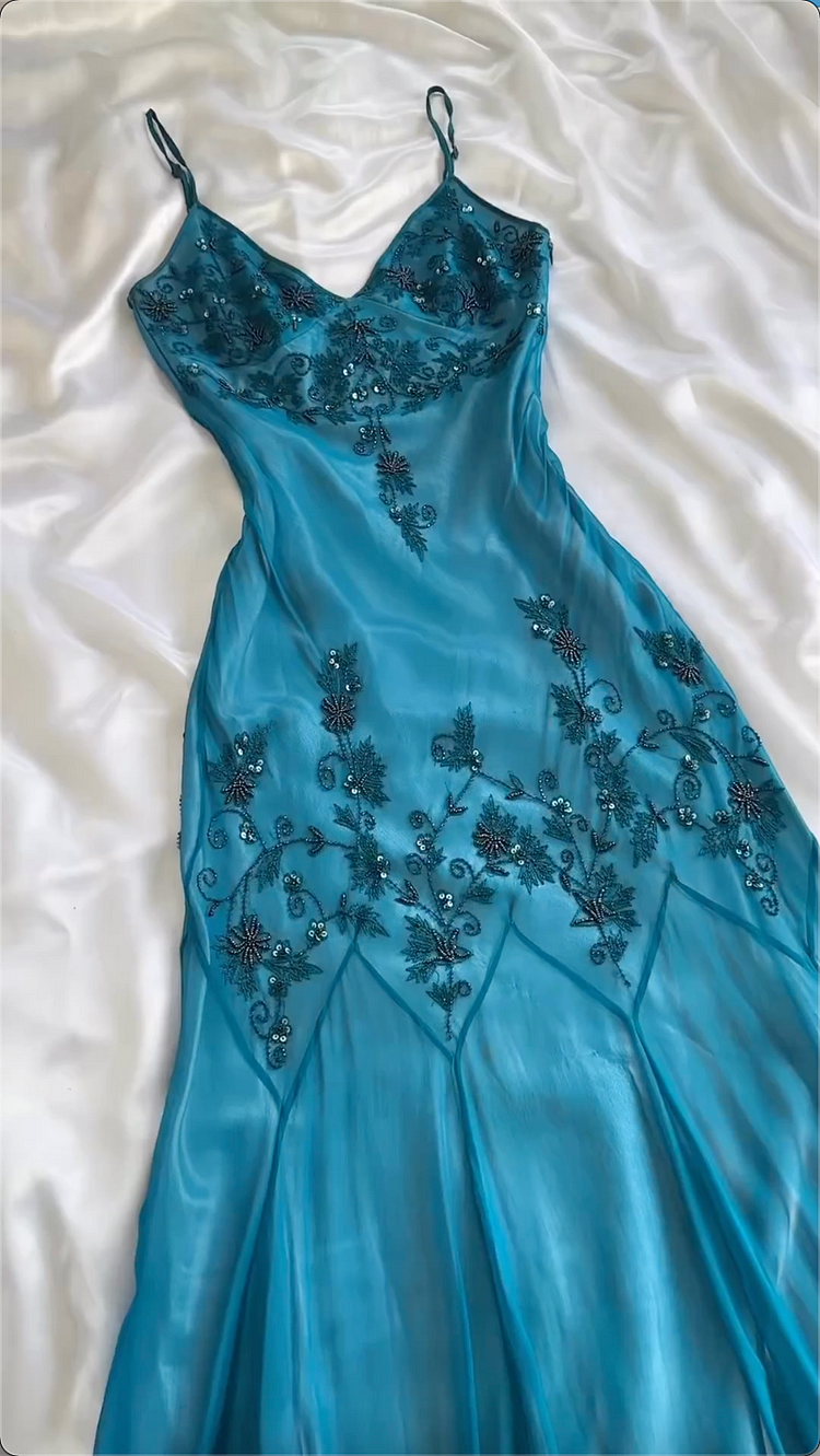 Modest Sheath Spaghetti Straps Chiffon Blue Prom Dress Party Dress With Beads C1765