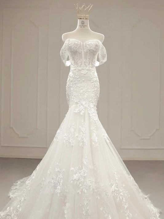 Sexy Mermaid Off The Shoulder Lace Long Sleeves White Wedding Dresses C1786