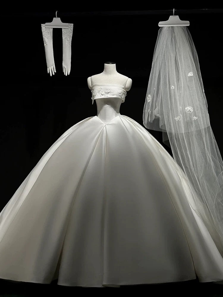 Simple Ball Gown Strapless Satin Long White Wedding Dresses With Lace C1789