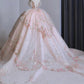 Dreamy Ball Gown Off The Shoulder Pink Lace Long Wedding Dresses With Beads C1790