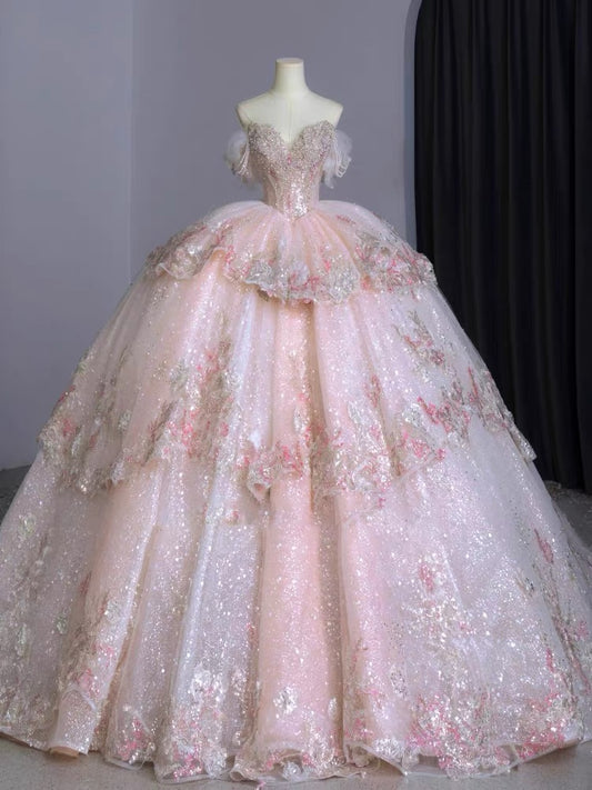 Dreamy Ball Gown Off The Shoulder Pink Lace Long Wedding Dresses With Beads C1790