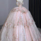 Dreamy Ball Gown Off The Shoulder Pink Lace Long Wedding Dresses With Beads C1790
