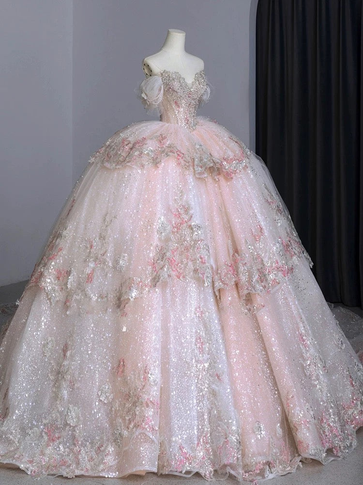 Dreamy Ball Gown Off The Shoulder Pink Lace Long Wedding Dresses With Beads C1790