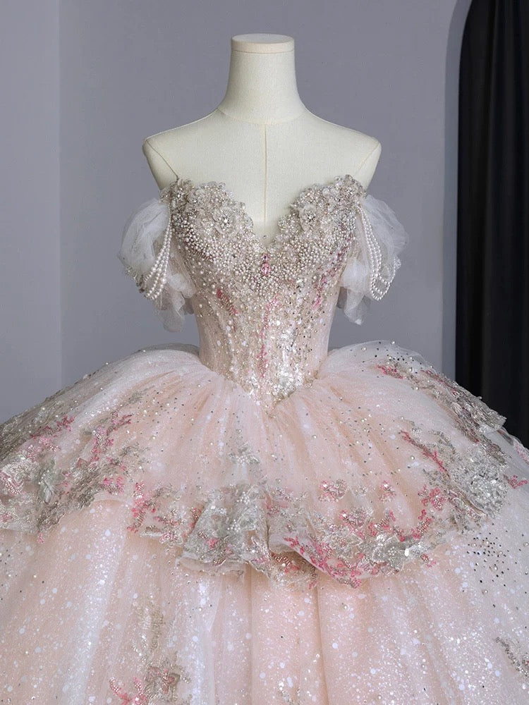 Dreamy Ball Gown Off The Shoulder Pink Lace Long Wedding Dresses With Beads C1790
