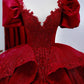 Dreamy Ball Gown V Neckline Red Lace Long Wedding Dresses With Lace C1791