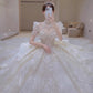 Dreamy Ball Gown Scoop Neckline White Lace Long Wedding Dresses With Beads C1792