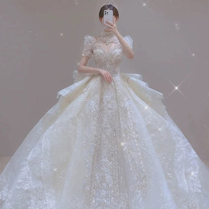 Dreamy Ball Gown Scoop Neckline White Lace Long Wedding Dresses With Beads C1792