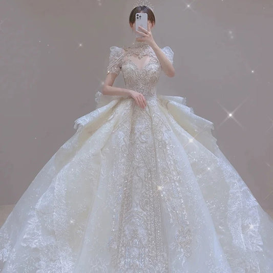 Dreamy Ball Gown Scoop Neckline White Lace Long Wedding Dresses With Beads C1792