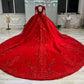Robe de bal de rêve encolure en V rouge à manches longues en dentelle et perles C1793