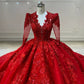 Robe de bal de rêve encolure en V rouge à manches longues en dentelle et perles C1793