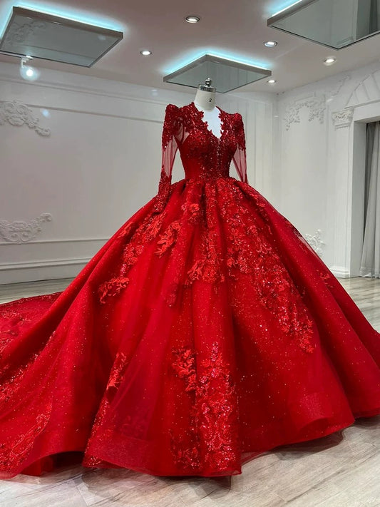 Dreamy Ball Gown V Neckline Red Long Sleeves Lace Long Wedding Dresses With Beads C1793