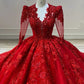Robe de bal de rêve encolure en V rouge à manches longues en dentelle et perles C1793