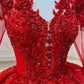 Robe de bal de rêve encolure en V rouge à manches longues en dentelle et perles C1793