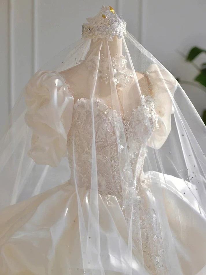 Unique Bridal Gown Ball Gown V Neckline Long Sleeves White Lace Wedding Dresses Bridal Gowns DP659