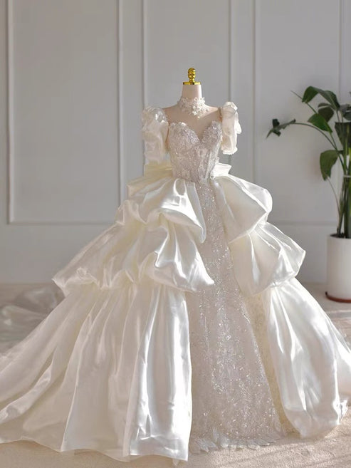 Dreamy Ball Gown Sweetheart Short Sleeves White Lace Wedding Dresses With Beads