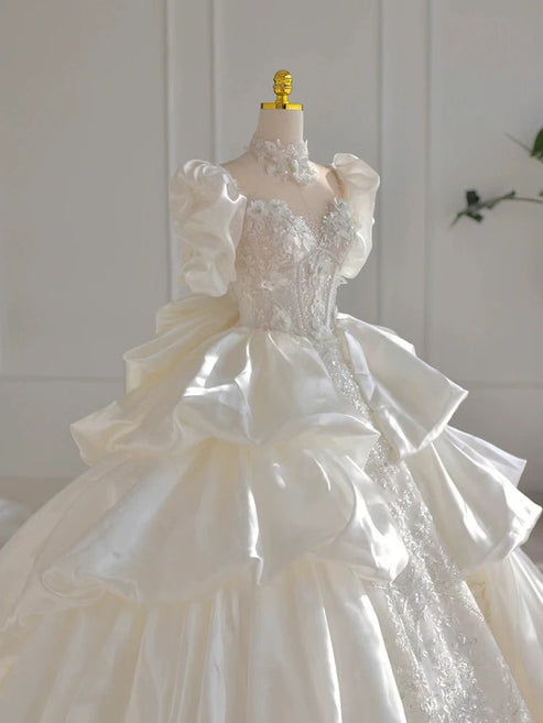 Dreamy Ball Gown Sweetheart Short Puffy Sleeves White Lace Wedding Dresses With Beads C1797