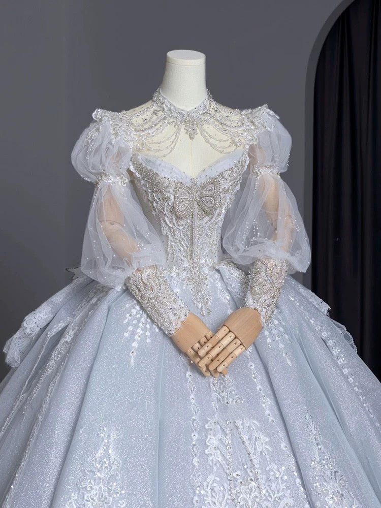 Dreamy Ball Gown Sweetheart Long Puffy Sleeves Lace Wedding Dresses With Beads C1798