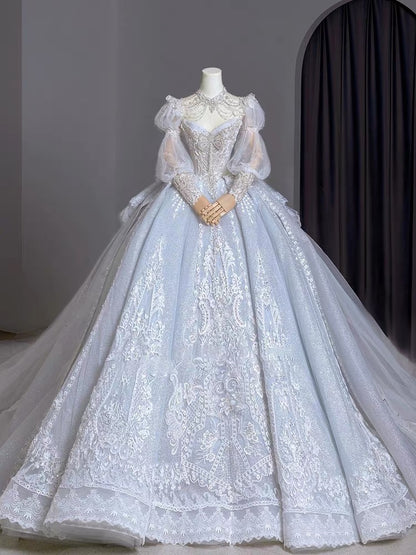 Dreamy Ball Gown Sweetheart Long Puffy Sleeves Lace Wedding Dresses With Beads C1798