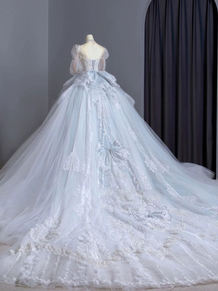 Dreamy Ball Gown Sweetheart Long Puffy Sleeves Lace Wedding Dresses With Beads C1798