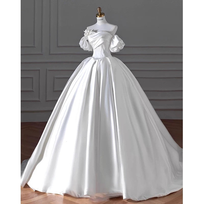 Timeless Ball Gown Sweetheart Long Puffy Sleeves Satin Wedding Dresses With Flowers C1799