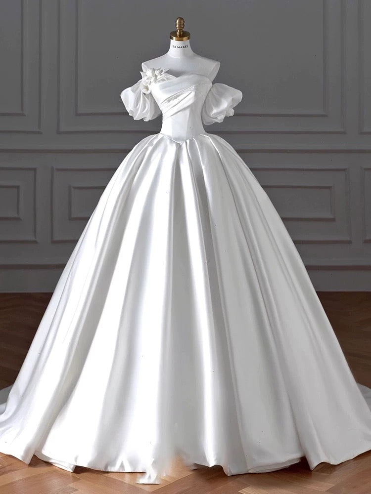 Timeless Ball Gown Sweetheart Long Puffy Sleeves Satin Wedding Dresses With Flowers C1799