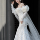 Luxury Mermaid Off The Shoulder Neckline Long Sleeves Lace White Wedding Dress C179