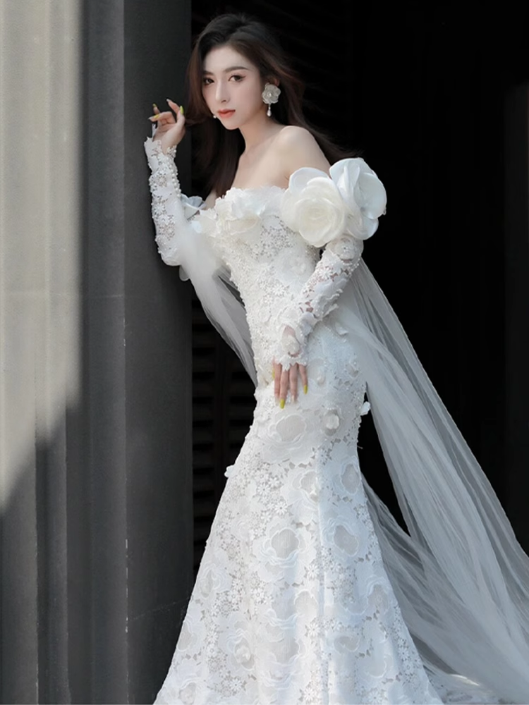 Luxury Mermaid Off The Shoulder Neckline Long Sleeves Lace White Wedding Dress C179