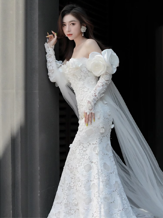 Luxury Mermaid Off The Shoulder Neckline Long Sleeves Lace White Wedding Dress C179