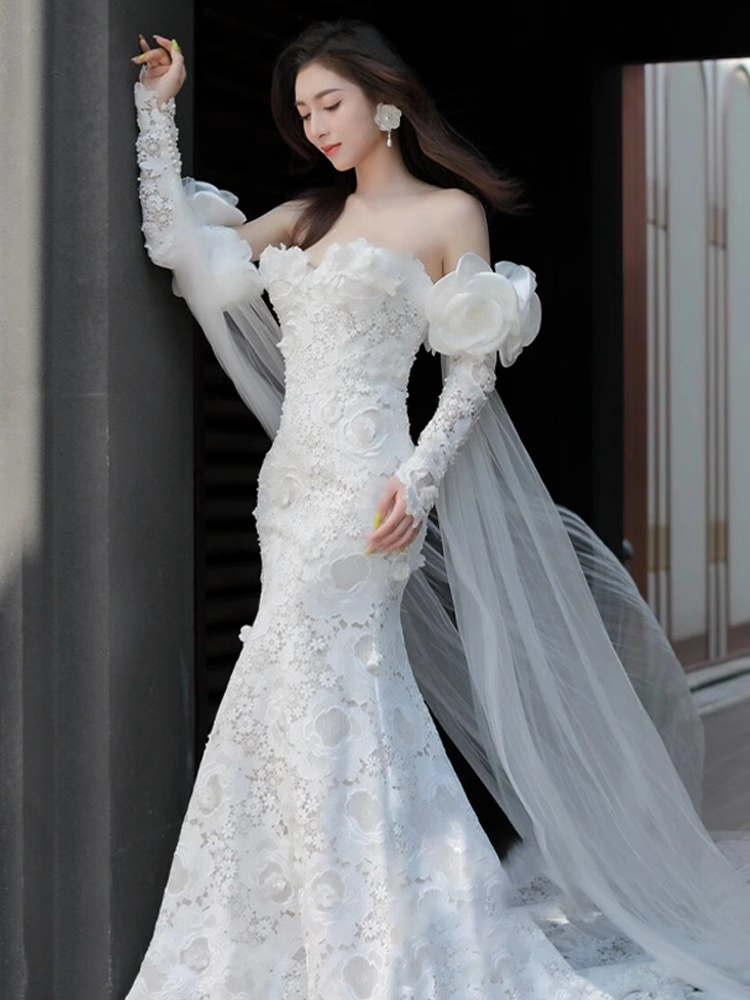 Luxury Mermaid Off The Shoulder Neckline Long Sleeves Lace White Wedding Dress C179