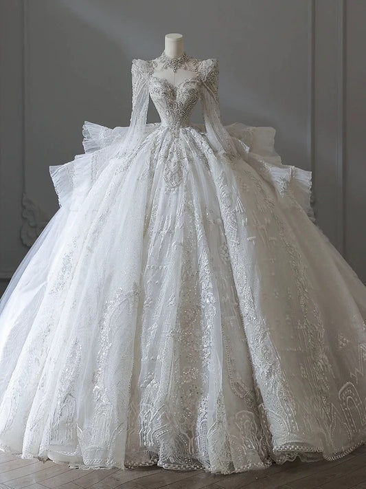 Dreamy Ball Gown Sweetheart Long Sleeves White Lace Wedding Dresses With Beads C1801