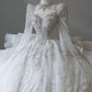 Dreamy Ball Gown Sweetheart Long Sleeves White Lace Wedding Dresses With Beads C1801